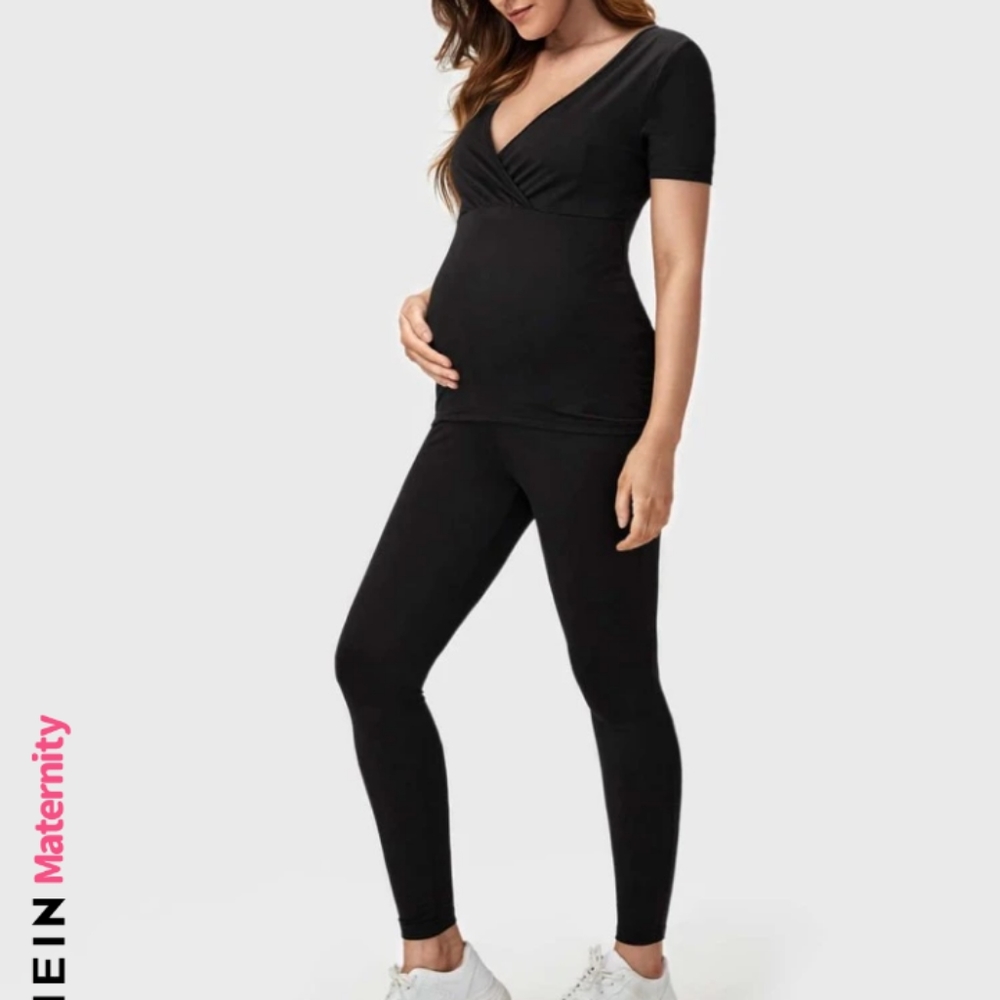 Maternity Surplice Neck Solid Lounge Top & Pants
